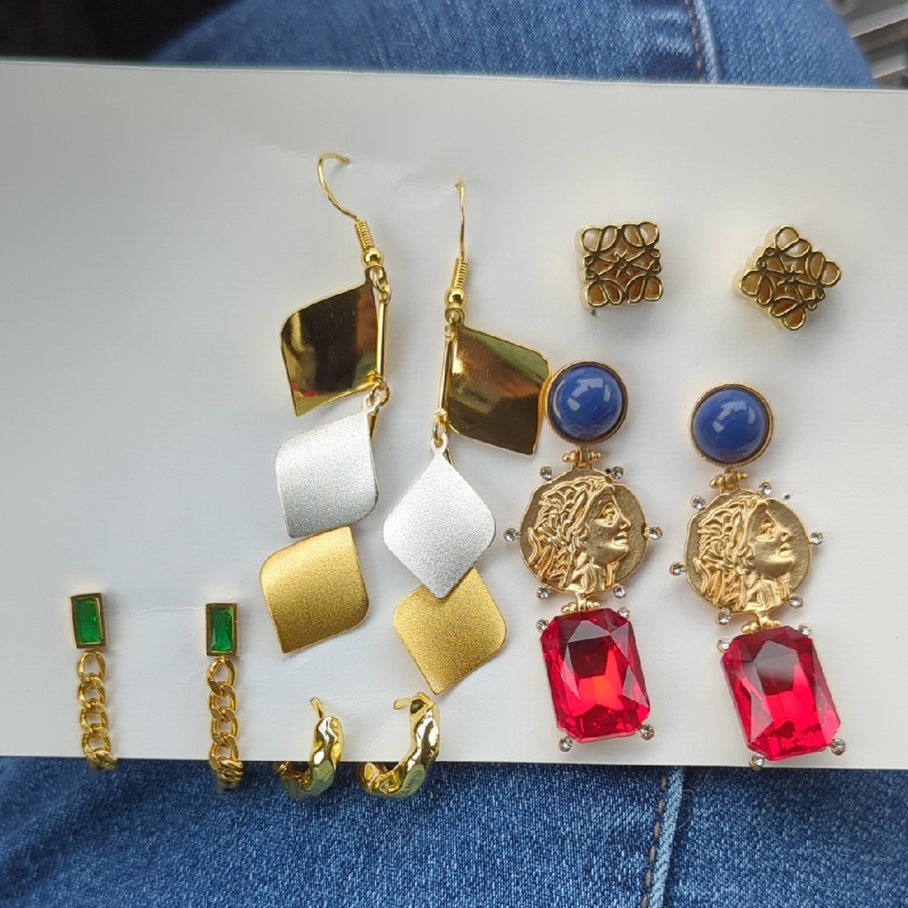 5 Pairs Of Gold Tone Earrings Featuring Red, Blue And Gold Dangle